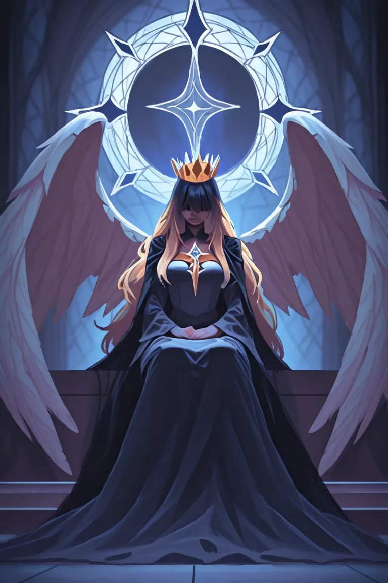 generate a girl, a blonde goddess who sits and prays, in front of her eyes there is a cloth that hides her eyes, her hair is very long and light, she also has a crown with spikes in the form of a halo, with white wings, and this is in a church style, gloom...