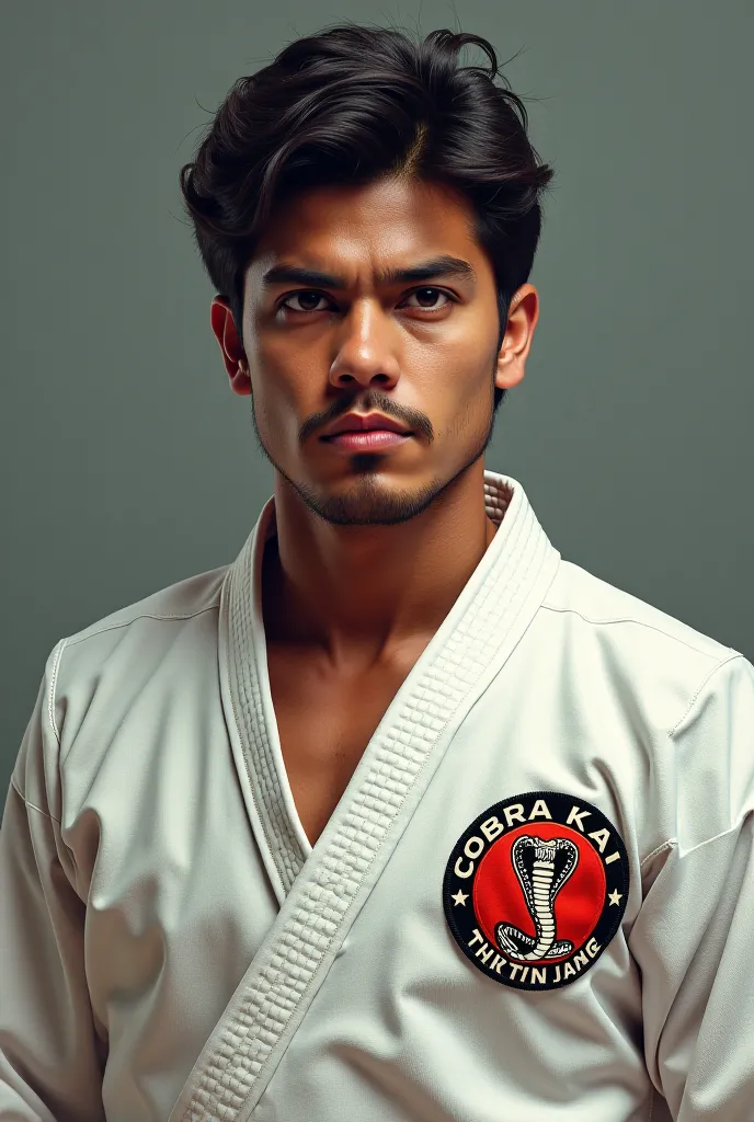 Singer Diomedes Díaz wearing karate clothes and with the cobra kai logo