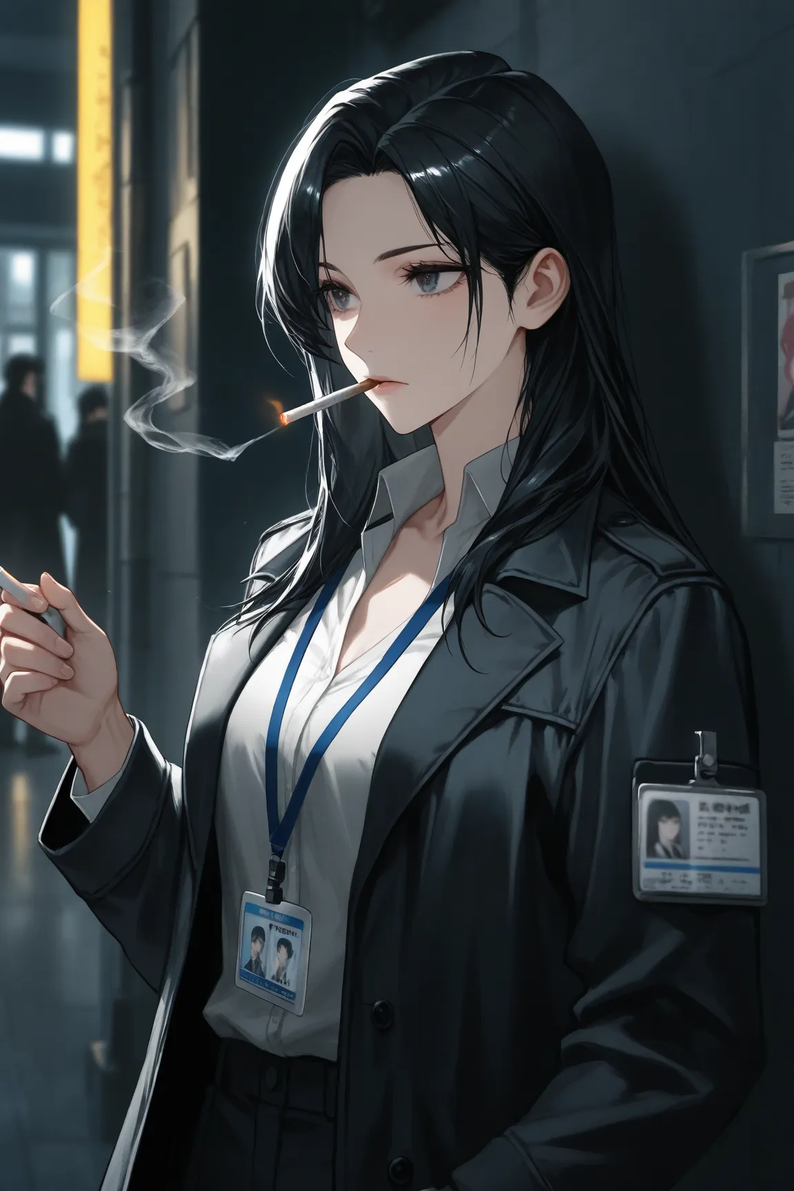  manga ,researcher, black hair,cool beauty,long hair,cigarettes,I'm wearing a black white coat with my ID card on my chest,heliport,There are escort soldiers,base