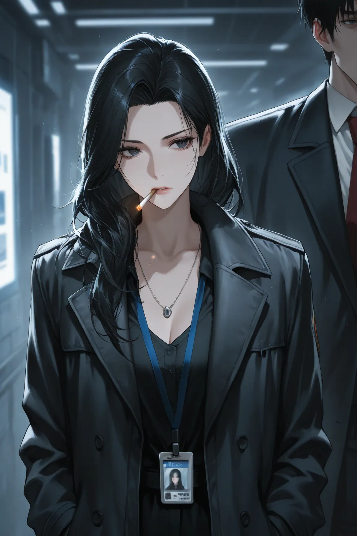  manga ,researcher, black hair,cool beauty,long hair,cigarettes,I'm wearing a black white coat with my ID card on my chest,heliport,There are escort soldiers,base