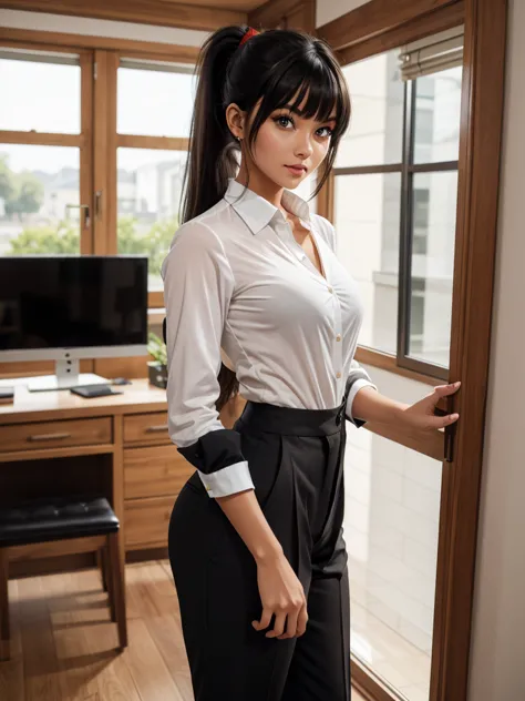 (best quality), 1girl, female, tanned skin, black hair, high ponytail, side swept bangs, long hair, green eyes, perfect eyes, red button down shirt slightly open, black high-waisted trousers, smug, masterpiece, anatomically correct, highres
