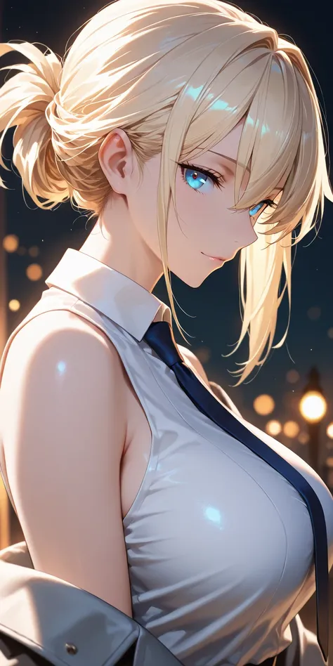 Masterpiece, very aesthetic, vibrant, high contrast, high resolution, ultra detailed, cool and mature woman, elegant, blonde hair, hair between eyes, swept hair, updo hair, blue eyes, upper body, tie, sleeveless collared shirt, off shoulder jacket, side bo...