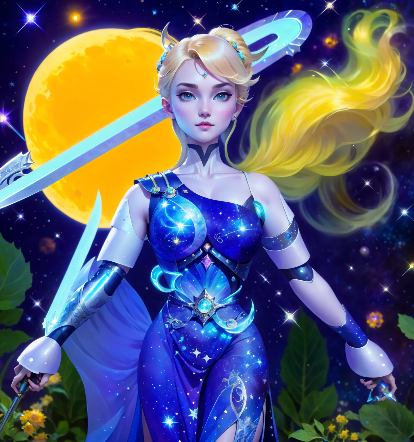 a close up of a person with a sword and a dress, blonde girl in a cosmic dress, lunar themed attire, cyborg goddess in cosmos, inspired by Xul Solar, goddess of space and time, painted in the style arcane, beautiful celestial mage, inspired by INO, also kn...