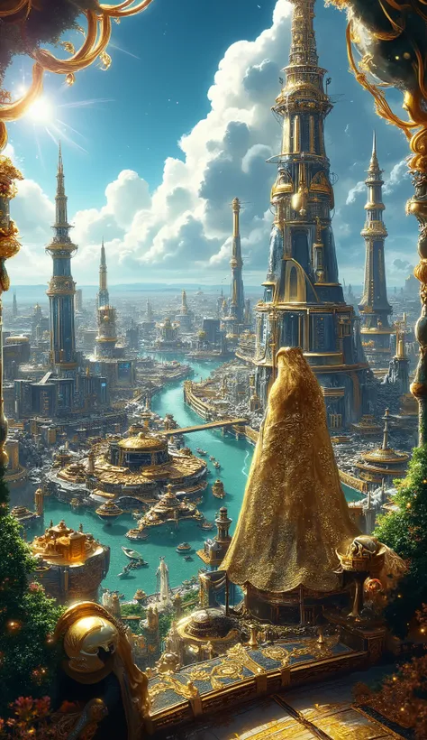 A majestic futuristic city with intricate gold architecture, blending royal elements and advanced technology. The city stretches along an emerald-green river filled with numerous lavish golden ships. In the foreground, a king in a gold robe with traditiona...