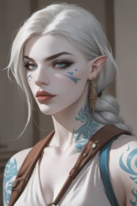 1woman, human, Jarael, alabaster white skin, blue tattoos, facial mark, loose fitting warrior outfit, masterpiece, high score, great score, absurdres