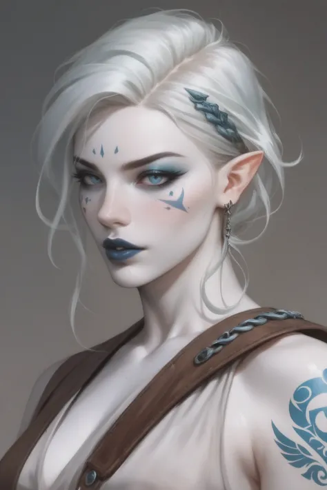 1woman, human, Jarael, alabaster white skin, blue tattoos, facial mark, loose fitting warrior outfit, masterpiece, high score, great score, absurdres