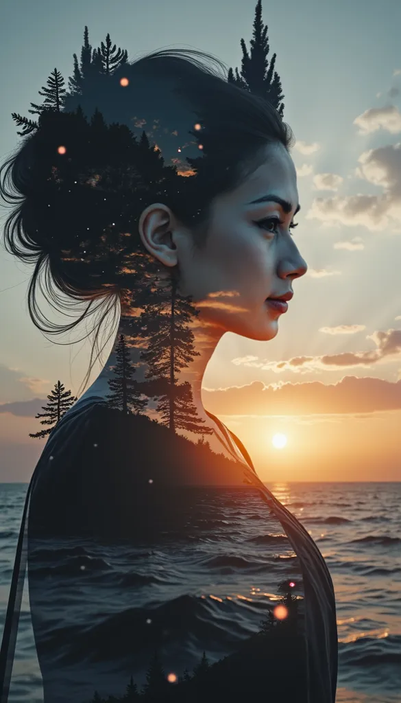 high quality, 8K Ultra HD, A beautiful double exposure that combines an goddess silhouette with sunset coast, sunset coast should serve as the underlying backdrop, with its details incorporated into the goddess , crisp lines, The background is monochrome, ...