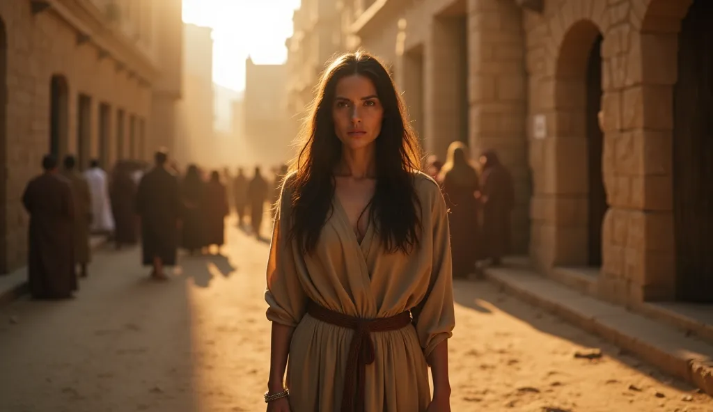 A solemn and weary Mary Magdalene, a woman with long dark hair and deep sorrow in her eyes, wearing a simple earth-toned robe, standing alone in the dusty streets of Magdala, her posture tense as she gazes at the bustling marketplace, whispers and judgment...