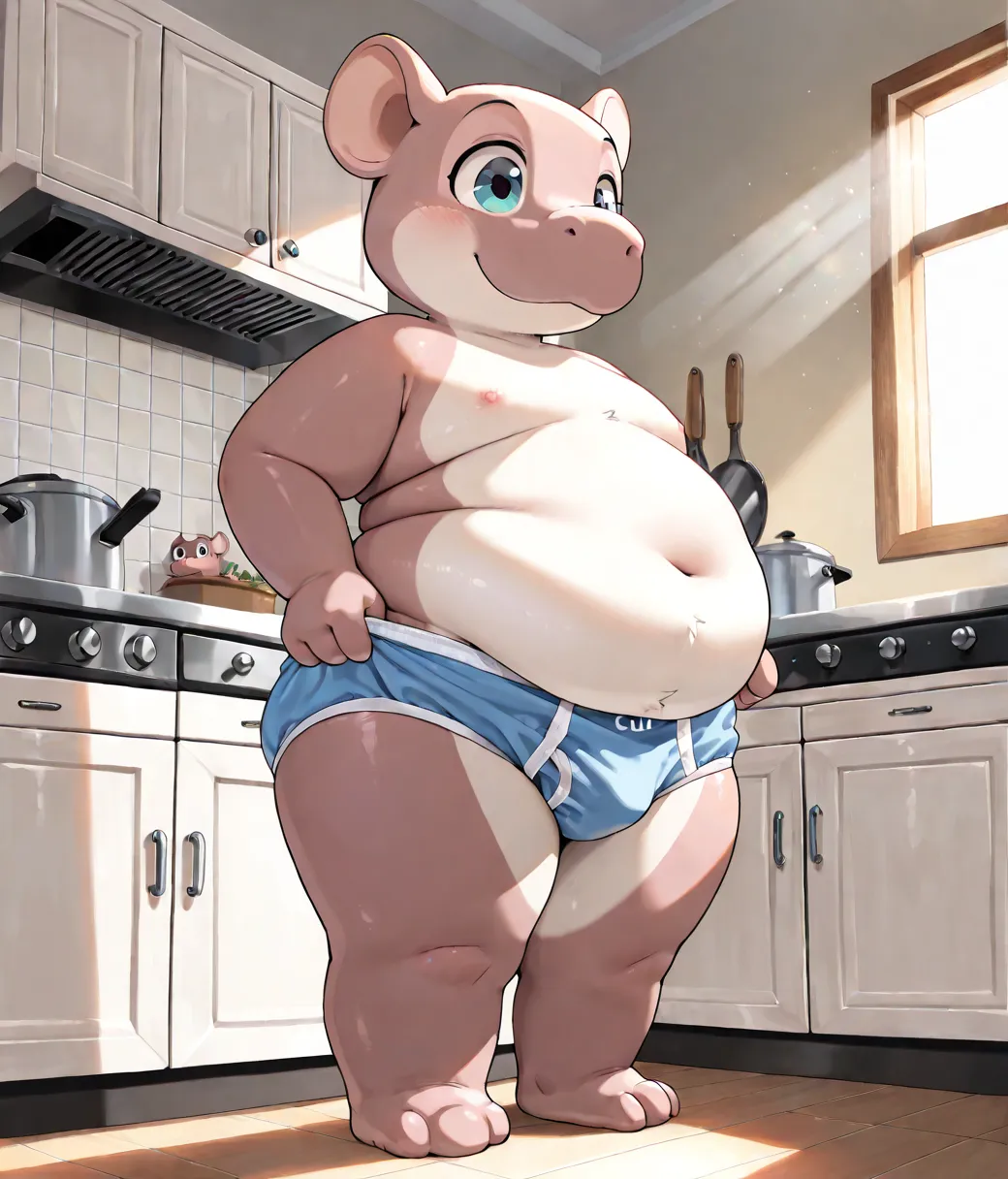 ((cute, obese, furry, anthro, male, hippo cub)), solo, shortstack, fullbody, nude, standing, ((blue briefs)), kitchen, sunlight, ambient lighting, centered, hires textures, highly detailed, intricate details, best quality, masterpiece, zPDXL3
