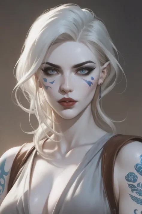 1woman, human, Jarael, alabaster white skin, blue tattoos, facial mark, loose fitting warrior outfit, masterpiece, high score, great score, absurdres