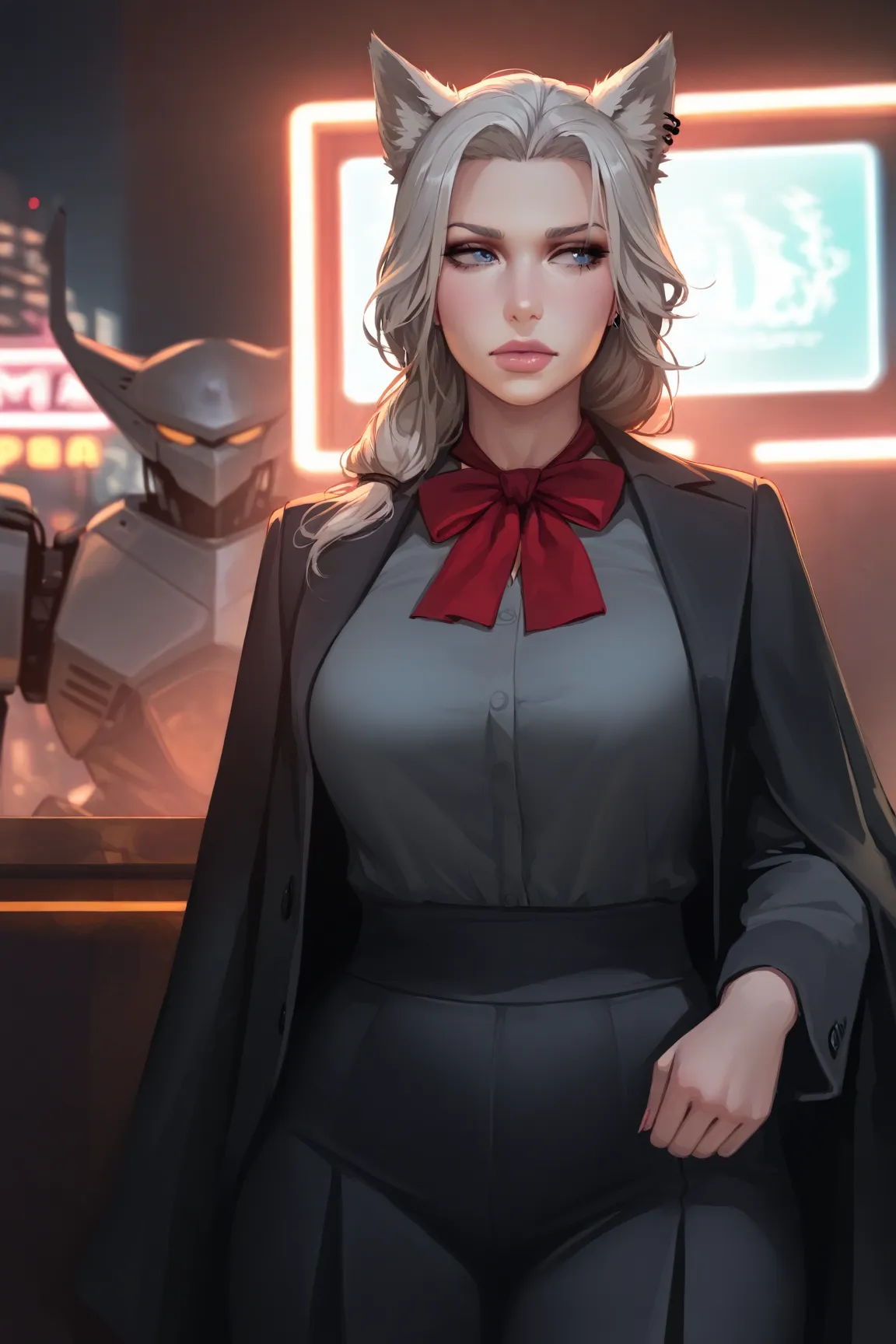 Animatronic female, gray body, calm gaze, blue eyes, a red bow around her neck, naked, fleshy figure, holding her hands on her waist, wolf ears, the background is a night club, robot