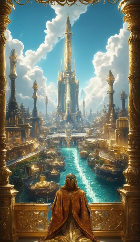 A majestic futuristic city with intricate gold architecture, blending royal elements and advanced technology. The city stretches along an emerald-green river filled with numerous lavish golden ships. In the foreground, a king in a gold robe with traditiona...