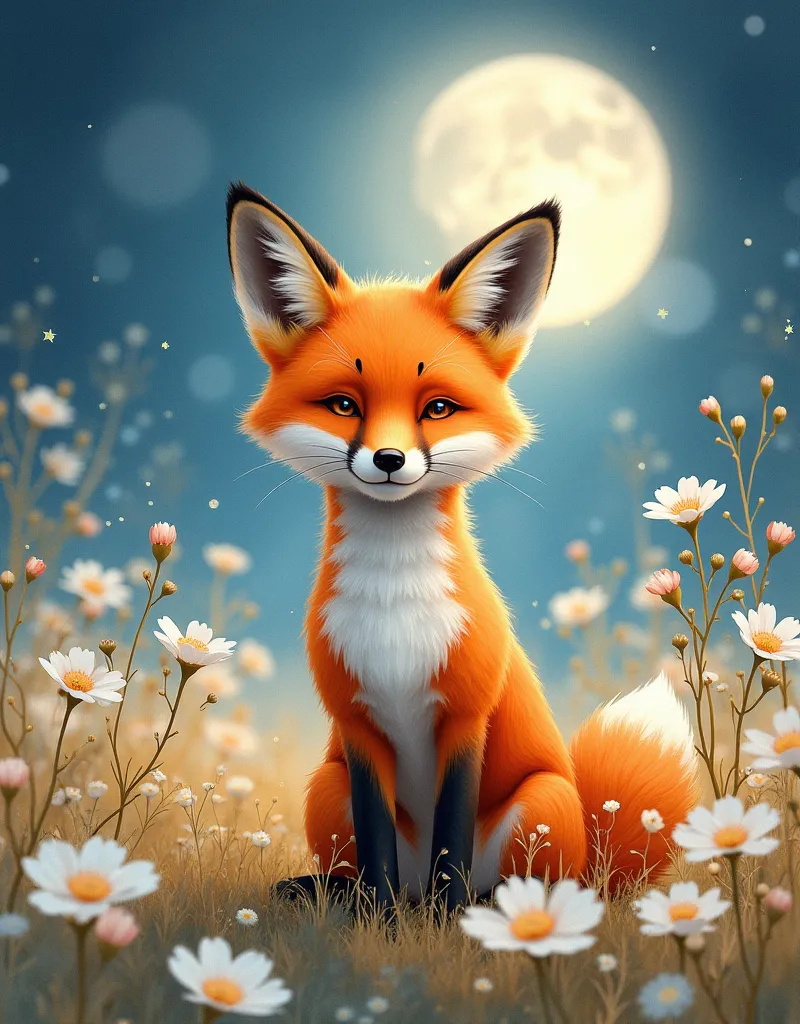 Hyperrealistic watercolor painting ,,,,charming image of a cute fox in serene aptitude ,,It is located in the middle of a field of pale wild flowers, bathed in dreamy moonlight. A captivating combination of artistic styles combines flowing lines with digit...