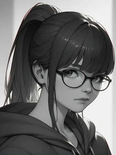 1girl, solo, glasses, hood, ponytail, hoodie, long_hair, simple_background, hood_down, monochrome, upper_body, closed_mouth, looking_at_viewer, bangs
