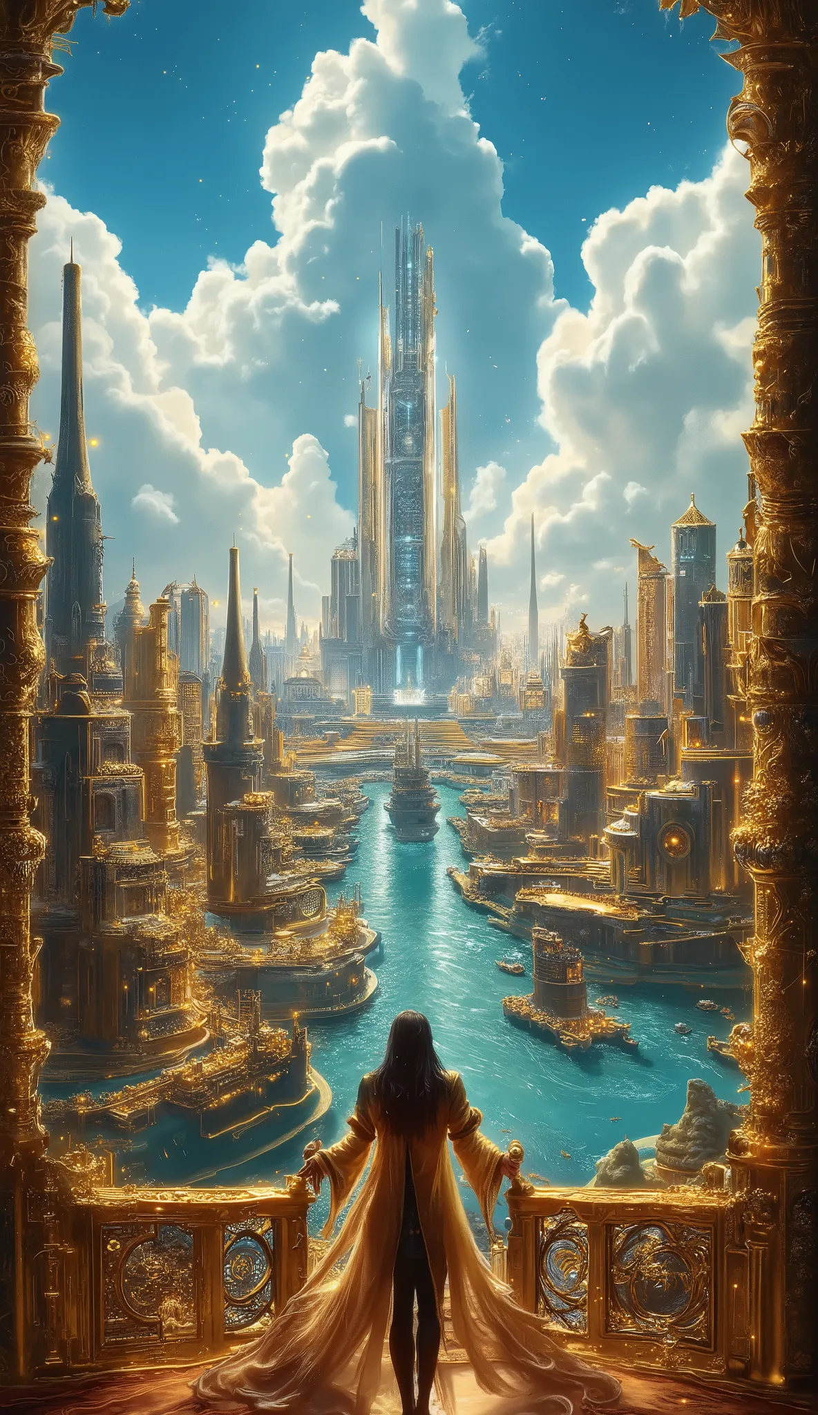 A majestic futuristic city with intricate gold architecture, blending royal elements and advanced technology. The city stretches along an emerald-green river filled with numerous lavish golden ships. In the foreground, a king in a gold robe with traditiona...