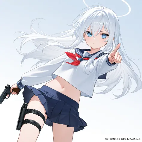 a girl wearing short serafuki that end above midriff with a mini-skirt. long white hair. a thigh holster on her leg. she is holding the pistol with one hand and the other hand is holding a bullet. pointing the pistol to mouth. 