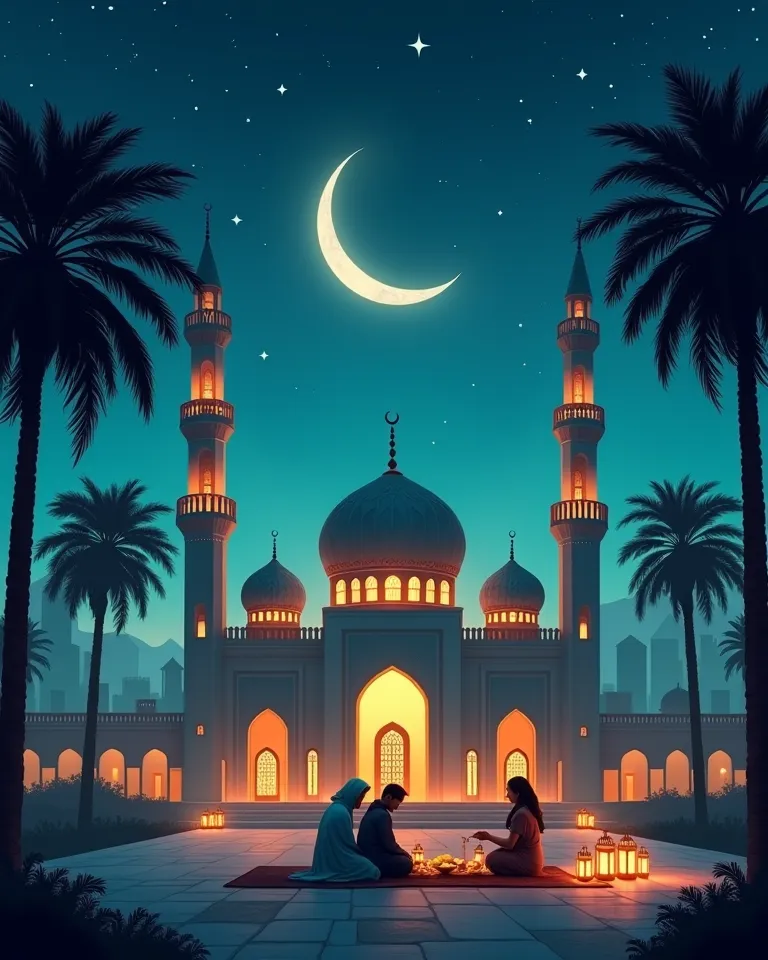 Create a breathtaking Ramadan night scene with a majestic mosque glowing under a crescent moon and twinkling stars. The background sky should transition from deep blue (#4556a2) at the top to a softer gradient near the horizon, enhancing the night’s serene...