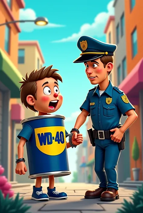 WD40 tin to be handcuffed by an animated style cop