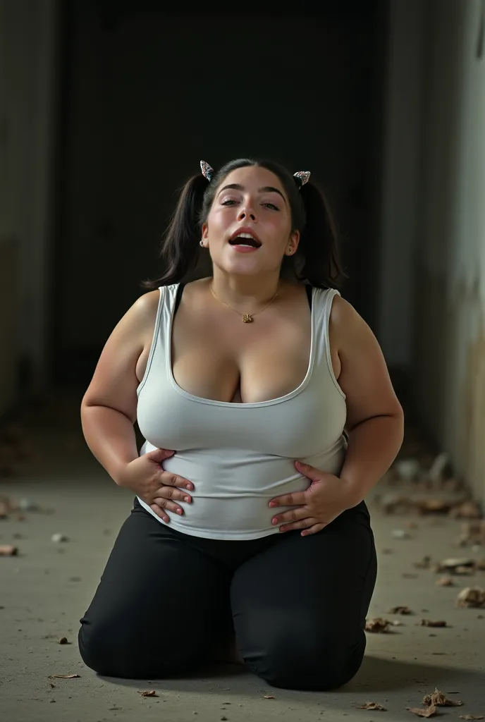 very young looking, chubby **** girl in shot, fat saggy boobs, posing on her knees looking up at the camera, full body view, mouth open, scared expression, crying, 12y, black pigtails with bow professional hairstyle, in a dirty dark abandoned building, wea...