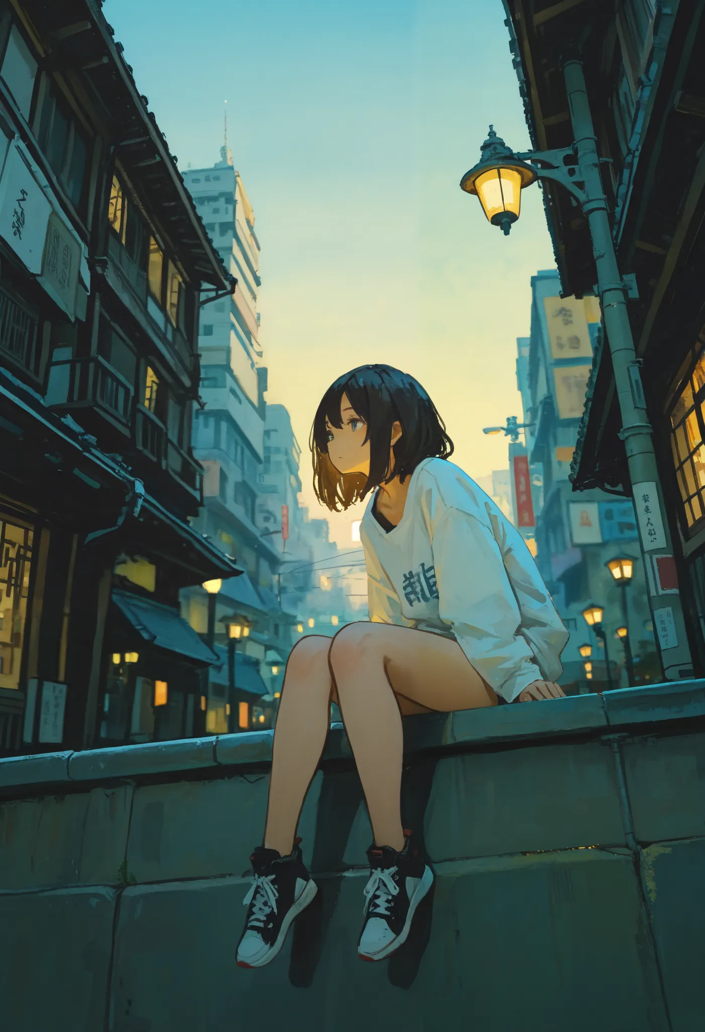 1 girl,with legs hanging,sitting on a ledge,height,Japanese city,street lamp,cowboy shot, depth of field, fake traditional media,  picturesque, impressionism, Masterpiece,  high score ,  great score , absurdities(Shoulder grip with Dutch angle)
