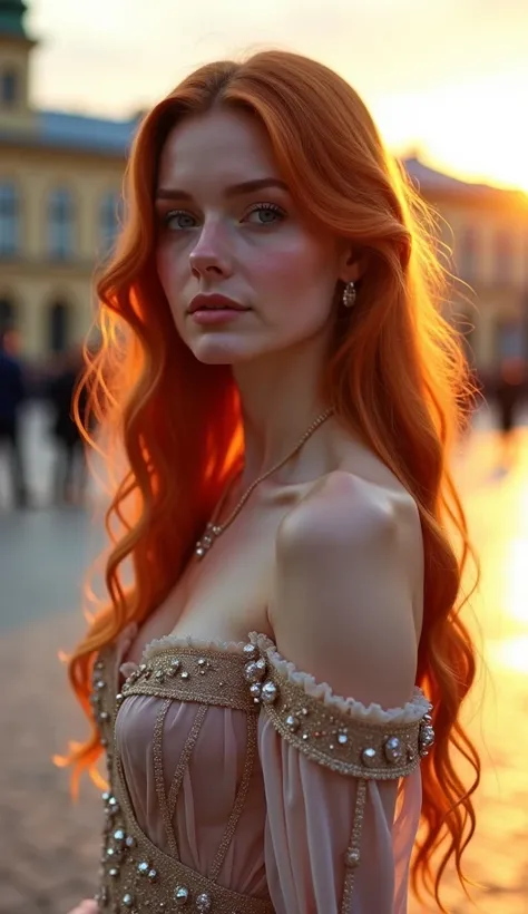 Sunset, Redblonde haired russian stunning woman, freckles, enchanting woman, pale skin, revealing aristocratic dress, posing at the square of the Saint Petersburg city 