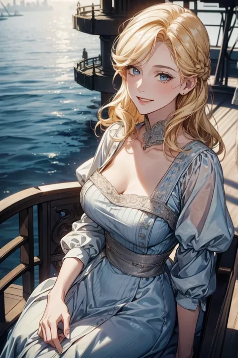 Rosalyn Landor( English actress) ,blonde hair, medium hair, Downton Abbey hair, two French twist hair, breast, slim,tall, edwardian evening dress in blue, smile, ((woman on the deck of a battleship)),, solo