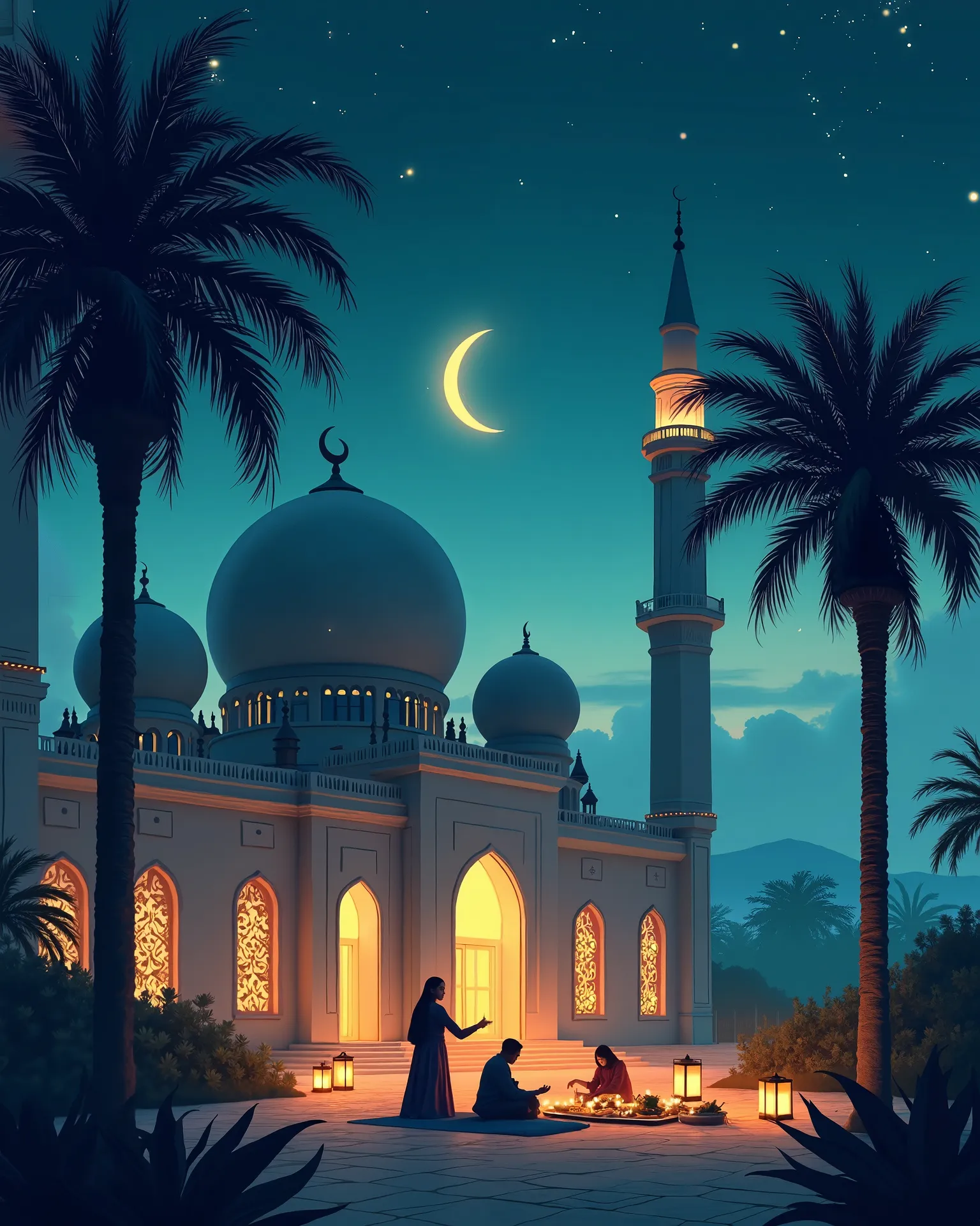 Create a breathtaking Ramadan night scene with a majestic mosque glowing under a crescent moon and twinkling stars. The background sky should transition from deep blue (#4556a2) at the top to a softer gradient near the horizon, enhancing the night’s serene...