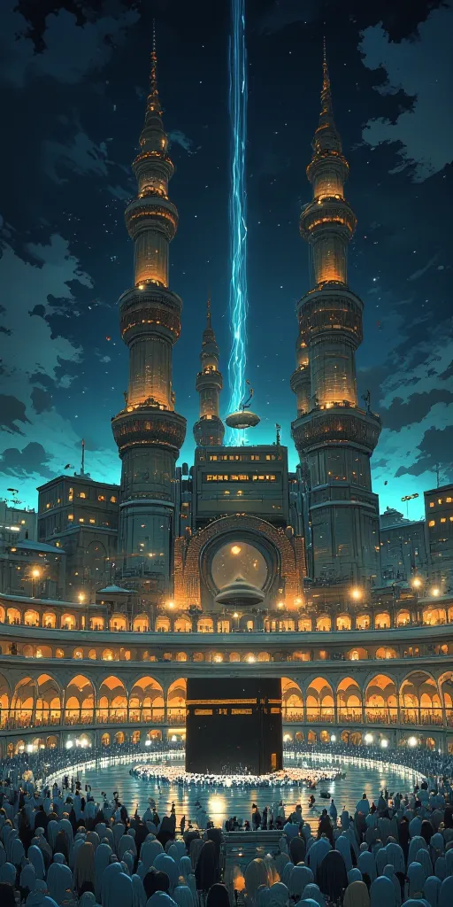 "A breathtaking anime-style illustration of a grand Islamic mosque inspired by Masjid al-Haram, with a peaceful and spiritual atmosphere. The mosque has towering minarets, glowing golden lights, and a massive courtyard filled with worshippers in white robe...