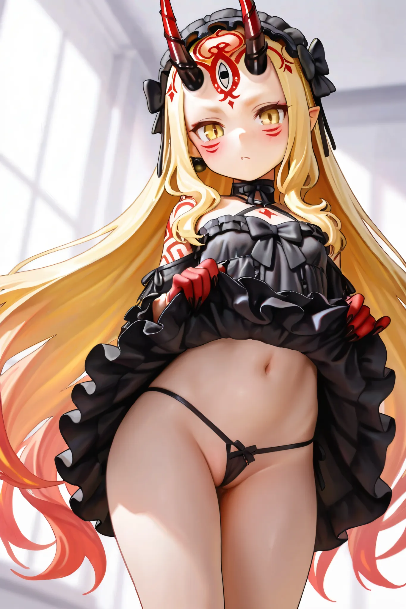 NSFW,masterpiece,Highest quality,Hi-Res,very detailed,Ibaraki Doji\(Fate/Grand Order),long hair、 Gold、side lock、yellow eyes、pointed ears、 face mark 、tattoo、 forehead mark、ghost、horn、Sharp Claws, Gothic Lolita Dress 