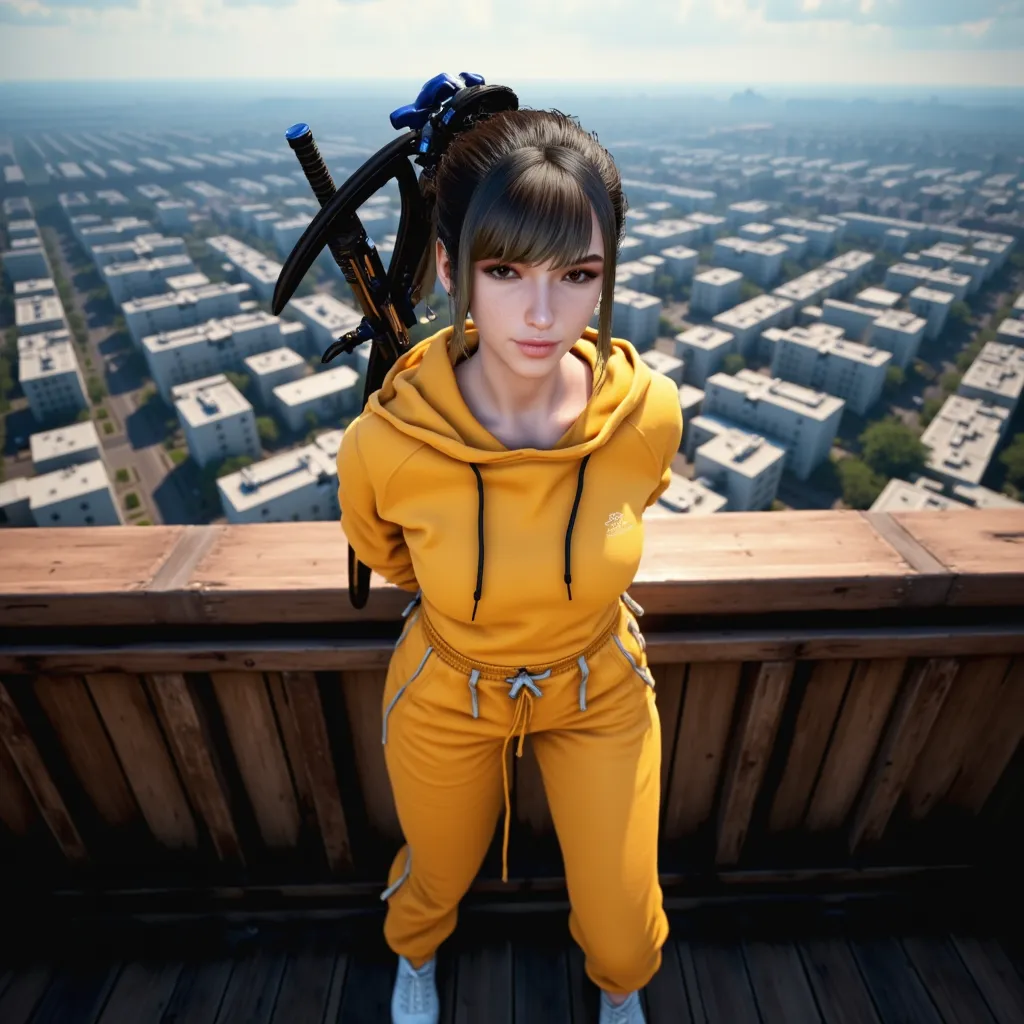 Ponytail, long black hair,(close up:1.3),(from above:1.1),Standing close inbetween the viewer and a wooden wall overlooking a city, arms down, hands behind back,Yellow zipless hoodie, High waist yellow jogging pants, White trainers shoes, Sword holstered o...