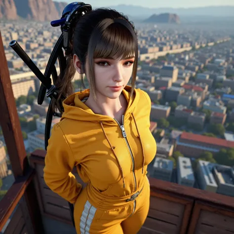 Ponytail, long black hair,(close up:1.5),(from above:1.1),Standing close inbetween the viewer and a wooden wall overlooking a city, arms down, hands behind back,Yellow zipless hoodie, High waist yellow jogging pants, White trainers shoes, Sword holstered o...