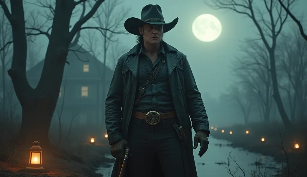 cowboy, a ruthless bounty hunter, standing towering under the pale moonlight, amid a desolate swamp, his scarred face partially obscured by a brimming wide-brimmed hat, stiff eyes brimming with chilliness, a cigar. Blood lingered in the corner of his mouth...