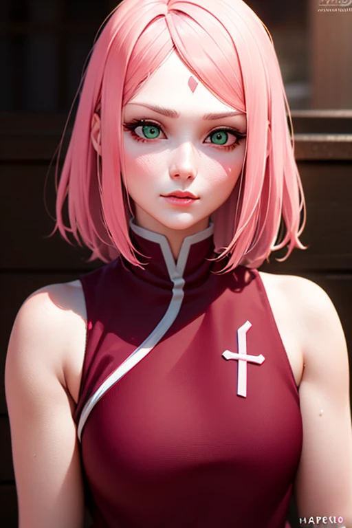 Young woman, porcelain skin, short pale pink hair, heart-shaped face, wide forehead, thin pink eyebrows, big jade green eyes, long eyelashes, buttoned nose, peach lips, red vest, Sakura Haruno, 3d, realistic, realism, high focus, details