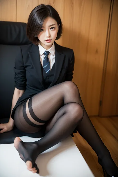 I'm sitting on a chair at work and resting my feet on the desk　in a suit　short bob hair　 black pantyhose　lowered eyebrows