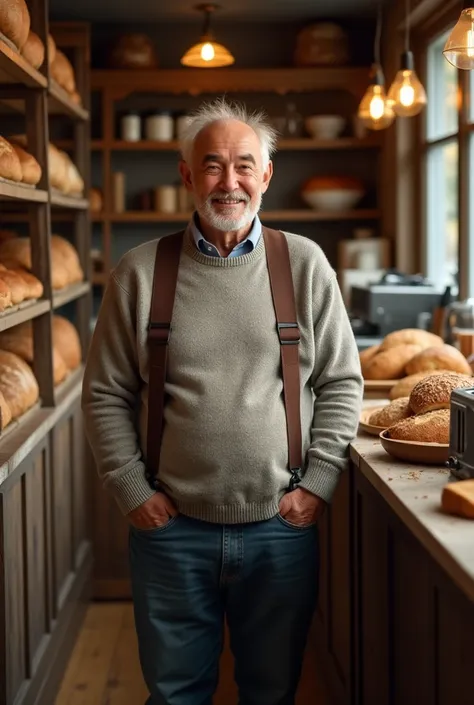 Perspective scene at vanishing point. A sturdy and friendly older man wearing a full body sweater and shoulder straps that can be seen all over his entire body,, is in a rustic bakery. On his sides, in perspective of a vanishing point, there are shelves wi...