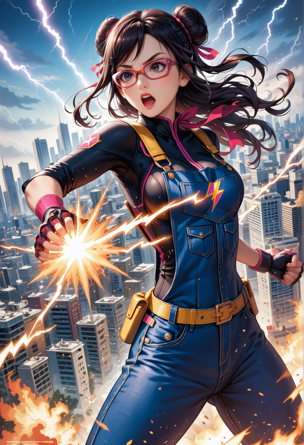  Sarada Uchiha,OVERALLS, Comic cover style， Comic book cover title,superhero Earth, city, action,to fight,  black eyes ,explosions,purple,lightning,wearing glasses,orange, red,rosa,tactical apparel