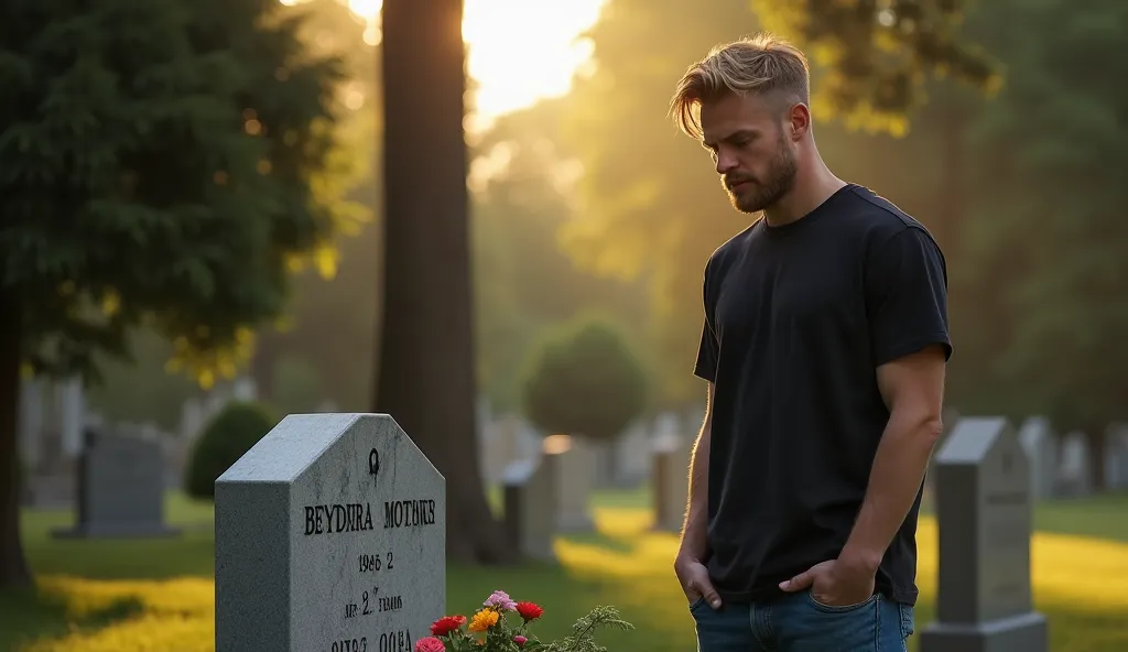 Create a realistic and emotional image of the 28-year-old blond man standing on his back, in front of your mother's grave.  He has short hair , well-groomed beard and light blue eyes. Are you wearing a short sleeve black t-shirt and jeans. He's standing, w...