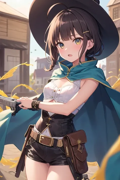 ((top quality)), ((masterpiece)), (Details),  1 girl。blunt bangs。Short Hair。braided ponytail。ahoge。Cute hair clip。 look so young。(small breasts)。(moving composition)。western drama。Gunman。Outlaw。hat。cloak。Equip a waist vest with a two-sword handgun。Town Squ...