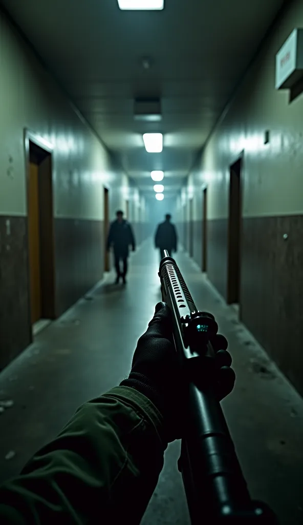 A hyperrealistic first-person vision, with arms holding the IA2 rifle as you watch the hostages being evacuated. The environment is a dark and empty corridor, with the sound of the radio echoing.  dim lighting , with the headlight illuminating the walls an...