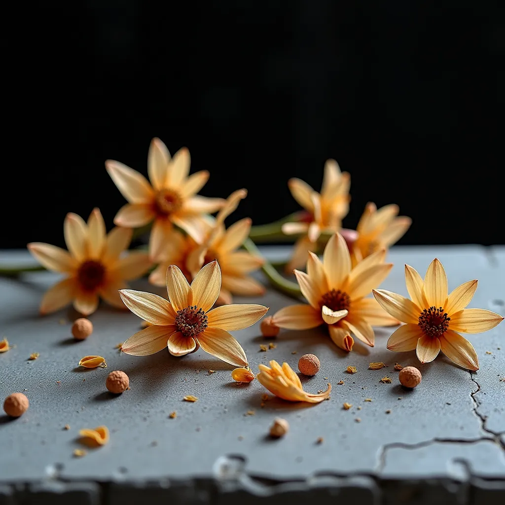  Dried or fresh flowers laid on a rough concrete surface, with partially crushed petals , unevenly distributed . darker background . closeup ,  focus on flower detail and concrete texture. More from Different Perspectives