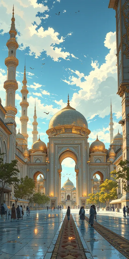 "A breathtaking anime-style illustration of a grand and beautiful mosque with intricate Islamic architecture. The mosque has towering golden minarets, elegant domes with stunning geometric patterns, and large arched doorways. The courtyard is filled with p...