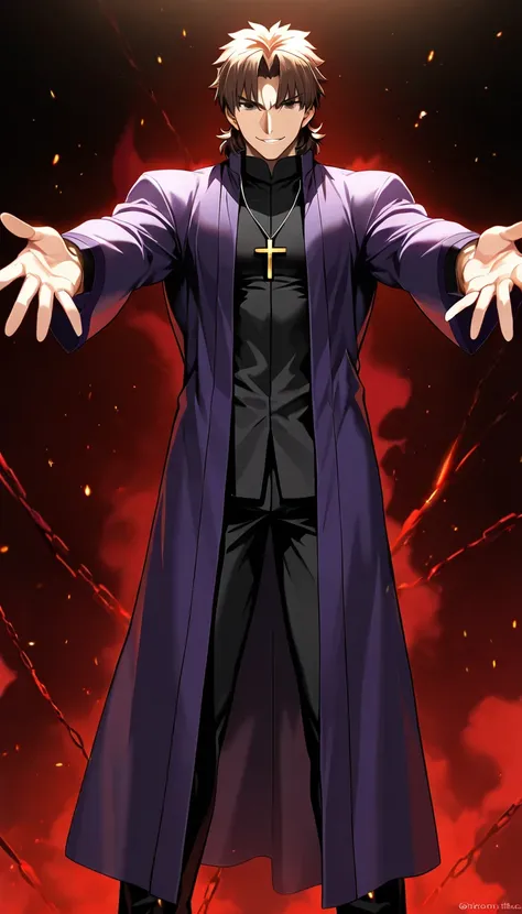 (masterpiece, Highest quality:1.2), 1Gentlemen, solo, fate, kotomine kirei, looking at viewer, dark purple long robe, black pants, standing, evil grin, spread arms, 