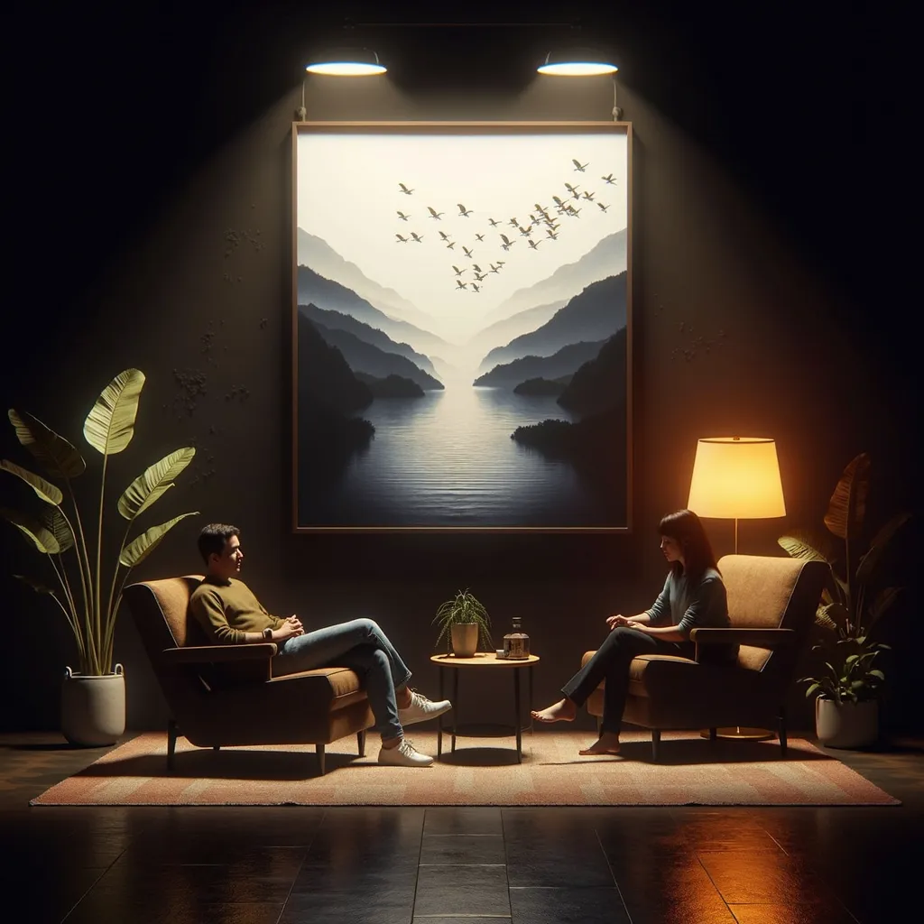 there are two people sitting in chairs in a dark room, cinematic mood lighting, relaxing concept art, highly detailed surreal vfx, 8 k sensual lighting, beeple global illumination, surreal 3 d render, moody volumetric lighting, calmly conversing 8k, cinema...