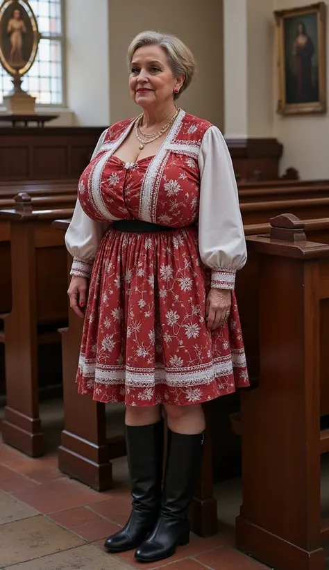  A 95-year-old grey blonde sexy granny with a thick figure, wearing Serbian traditional folk suit. huge breasts. Slim legs. Standing at a short, full-length. Short girl with slim legs. Short hairstyle. Short dark blonde hair girl, blue eyes. Very long red ...