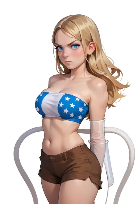 ((White background)) (1 girl) (American girl) (solo) 29 years old, rathing_questionable , (white tube top:1.4),(brown shorts) (bare shoulders), (Long straight blonde hair), (blue eye) , long leg , tall ((thin:0.4)) ((big breasts:0.9)) ,sexy body, strong , ...