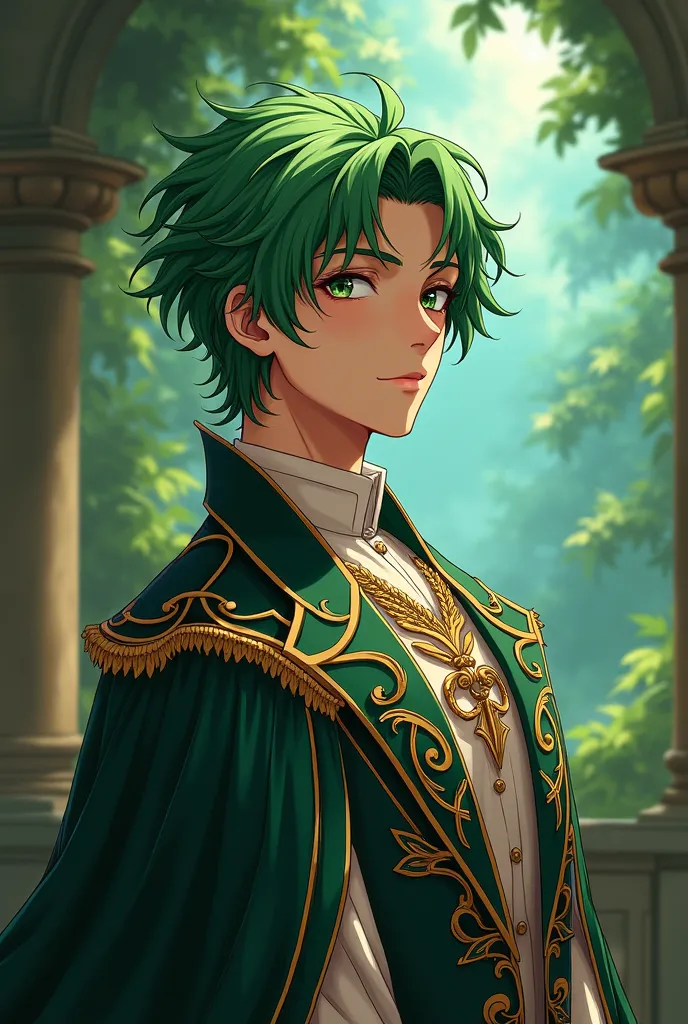 (( Top Quality)), (( masterpiece)), ( exhaustive) Anime Style Prince, , green curl hair, Lazy expression royal attire