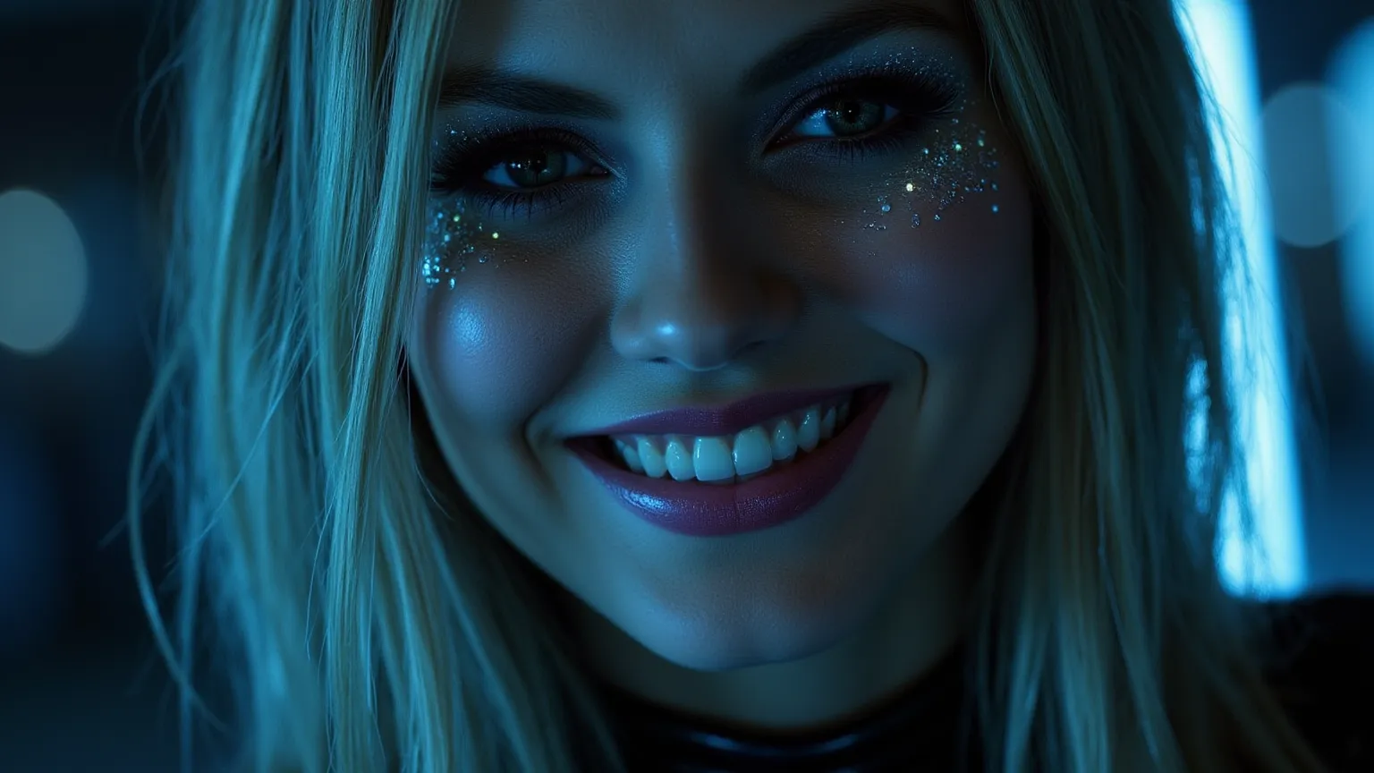 she wears latex  ,  smiles.  is evil space alien in disguise.  blonde.   Silver reflective  skin  like a mirror,      glowing breasts under her latex.  She is  bioluminescent         