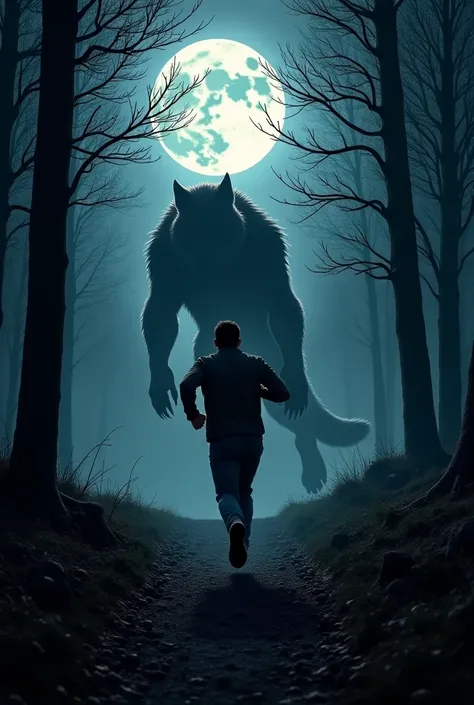 A man runs desperately through the dark forest, looking back in terror . Behind him, a gigantic werewolf chases you, jumping through the trees.  The full moon illuminates the scene , and dry branches stick out like claws around the path.  