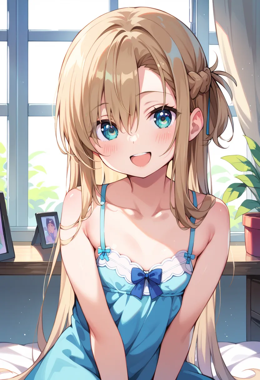 ((Highest quality)), ((masterpiece)), (be familiar with), perfect face, indoors, bedroom, watching viewers,
One woman, Asuna Yuki,
open mouth, ecstatic expression, blush, smile,
 small tits, flat chest, Young girl,  lori,  ,  girl,
long hair, long hair,
 o...