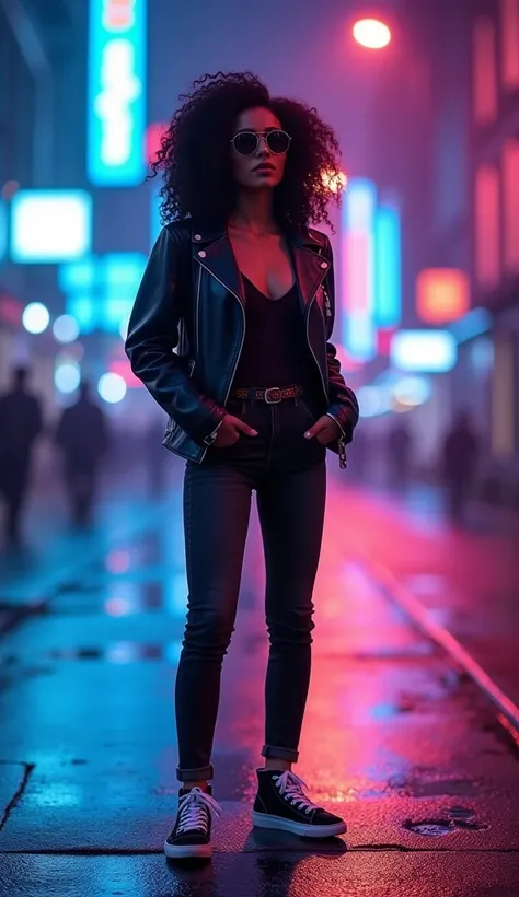  "Create a hyper-realistic 4K image of a stylish woman standing in a neon-lit city at night. She has voluminous dark curly hair, sunglasses, a black leather jacket, black skinny jeans, and black and white sneakers. Her hands are in her jacket pockets. The ...